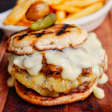 French Onion Soup Burger, Fries & Beer at Le Rivage