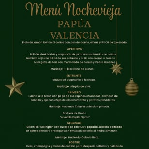 Cena de gala nochevieja 2025 Papúa Valencia.