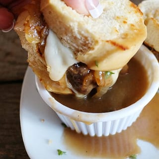 French Onion Soup Burger, Fries & Beer at Le Rivage 3