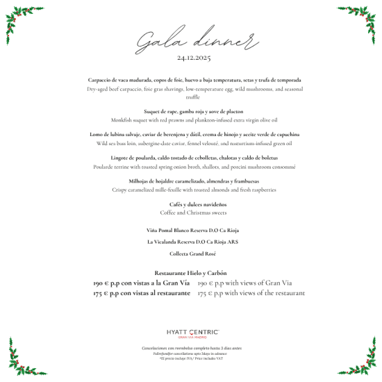 Cena de Gala Nochebuena en Hielo y Carbón, Hyatt Centric Gran Vía Hotel 5* Madrid