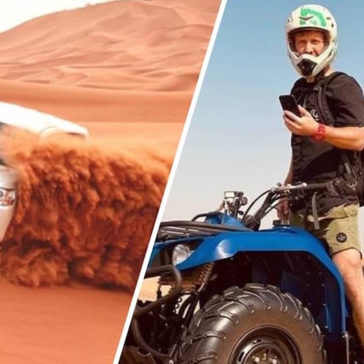 Sunset Desert Safari with Quad Bike, Sandboarding, Camel Ride + BBQ Dinner